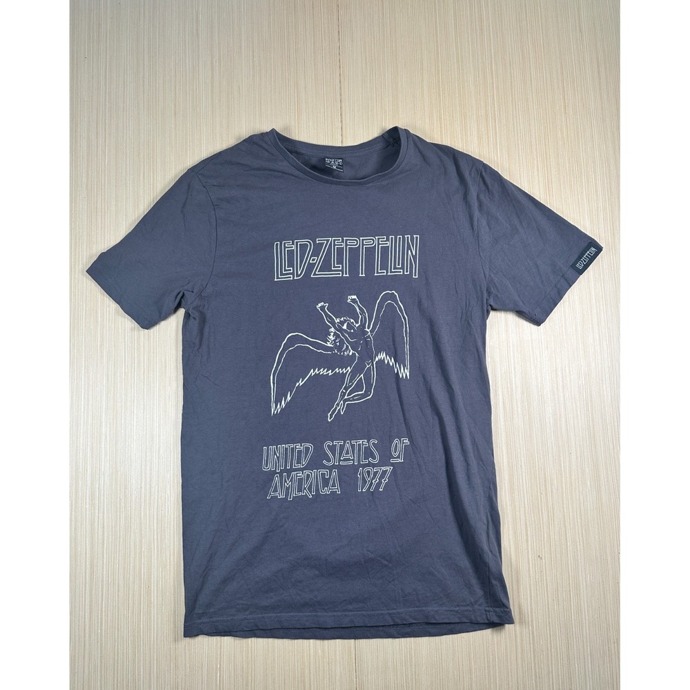 Led Zeppelin Rock Band USA‎ 1977 T-Shirt Mens Medium Blue Cotton Short Sleeve